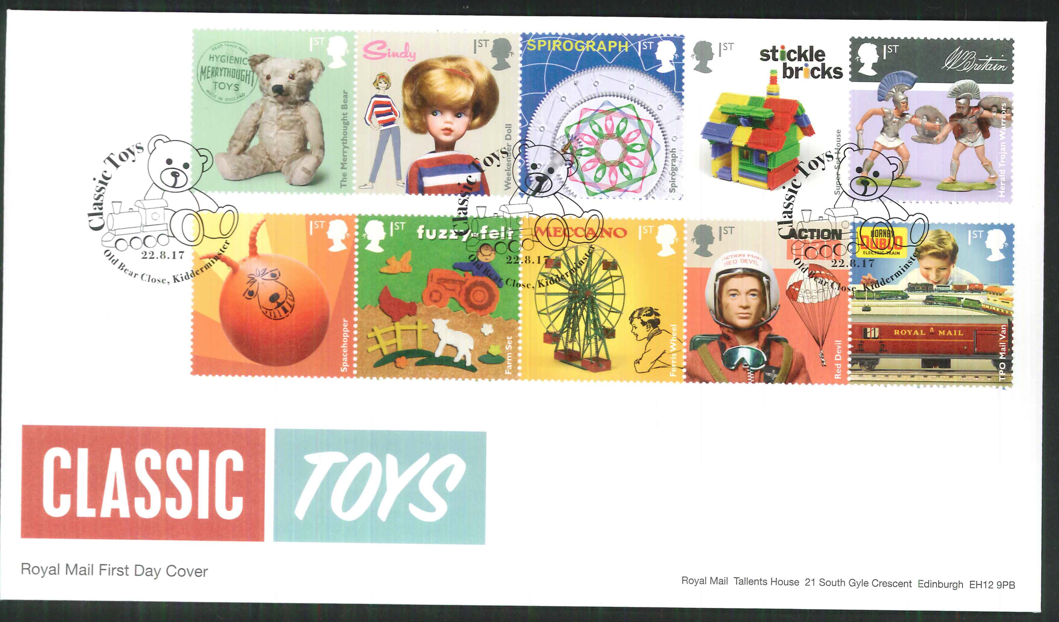 2017 - First Day Cover "Toys" - Old Bear Close Kidderminster Postmark - Click Image to Close